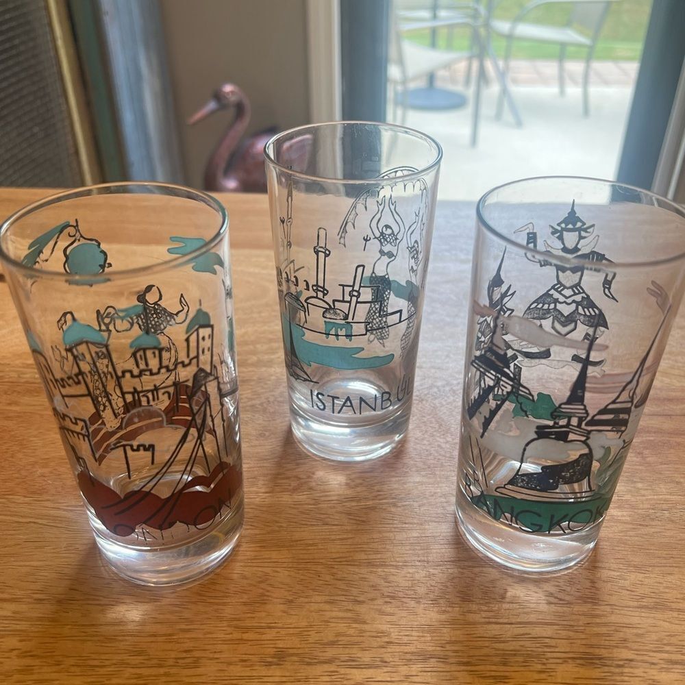 Set of three vintage bar ware glasses. London Istanbul and Bangkok.